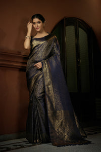 Thumbnail for Vardha Prussian Blue Golden Zari Kanjeevaram Silk Saree