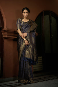Thumbnail for Vardha Prussian Blue Golden Zari Kanjeevaram Silk Saree
