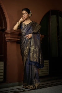 Thumbnail for Vardha Prussian Blue Golden Zari Kanjeevaram Silk Saree