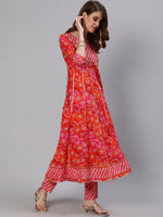 Thumbnail for Ishin Women Pink & Red Bandhani Thread Work Pure Cotton Kurta with Trousers & Dupatta - Distacart