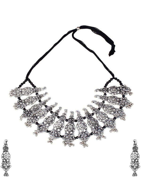 Cardinal Oxidised Silver-Plated Stone-Studded & Beaded Jewellery Set - Distacart