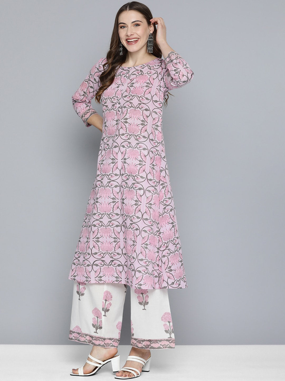HERE&NOW Women Floral Printed Regular Pure Cotton Kurta with Palazzos & With Dupatta - Distacart