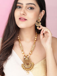 Thumbnail for Rubans Gold-Plated White & Green Stone-Studded & Pearl Beaded Handcrafted Jewellery Set - Distacart