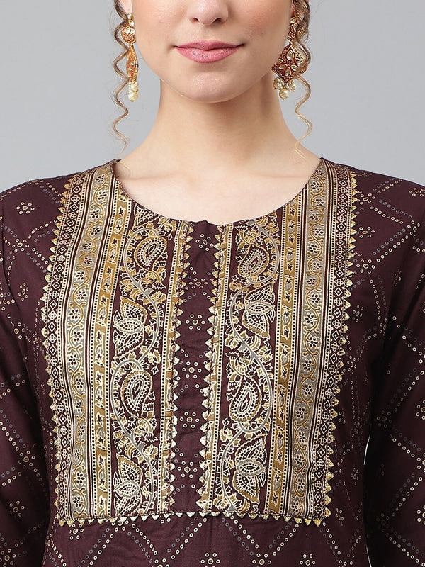 Khushal K Women Brown & Gold-Toned Ethnic Motifs Printed Straight Kurta - Distacart