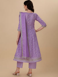Thumbnail for HERE&NOW Purple Floral Printed Pure Cotton A-Line Kurta & Trousers With Dupatta - Distacart