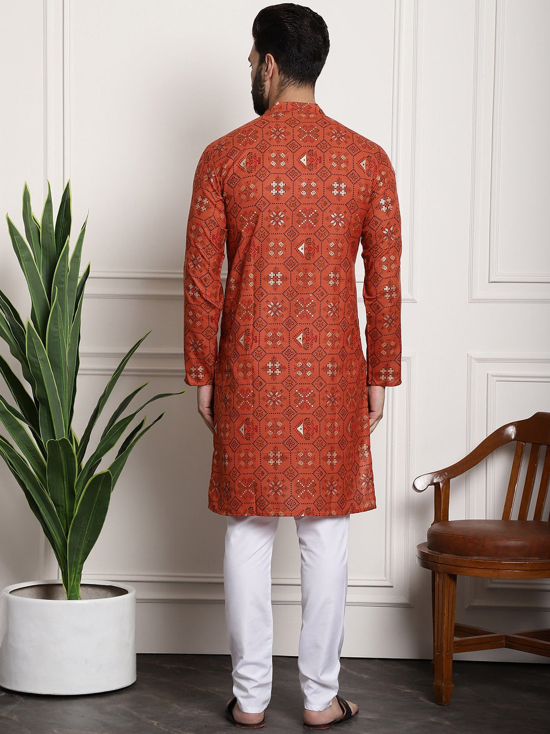 Sojanya Men Orange Printed Cotton Linen Kurta with Churidar - Distacart