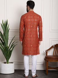 Thumbnail for Sojanya Men Orange Printed Cotton Linen Kurta with Churidar - Distacart