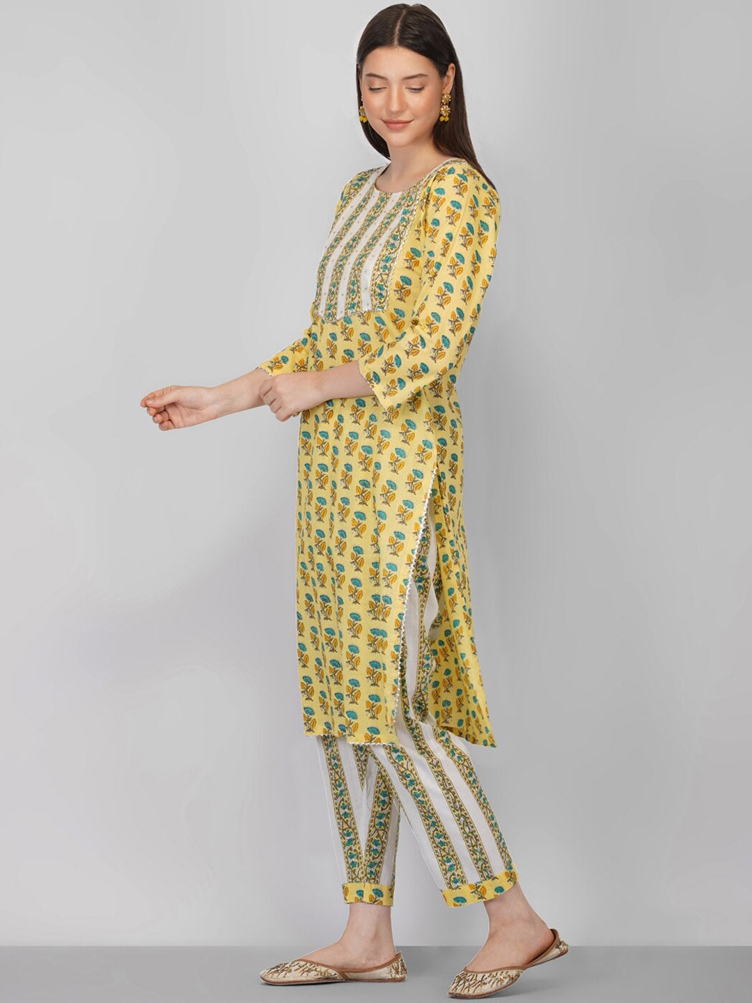 NOZ2TOZ Women's Yellow Ethnic Motifs Printed Pure Cotton Kurta with Trousers & Dupatta - Distacart