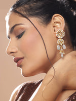 Thumbnail for Gold-Toned White Kundan Contemporary Gold-Plated Drop Earrings - Ruby Raang - Distacart