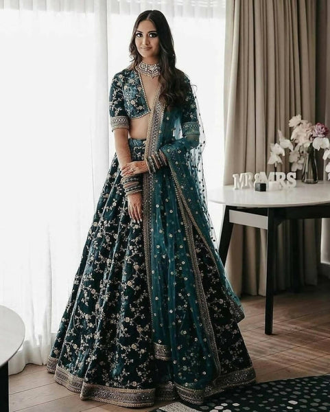 Aastha Fashion Women's Teal Green Cording & Sequence Embroidery Velvet Designer Lehenga Choli - Distacart