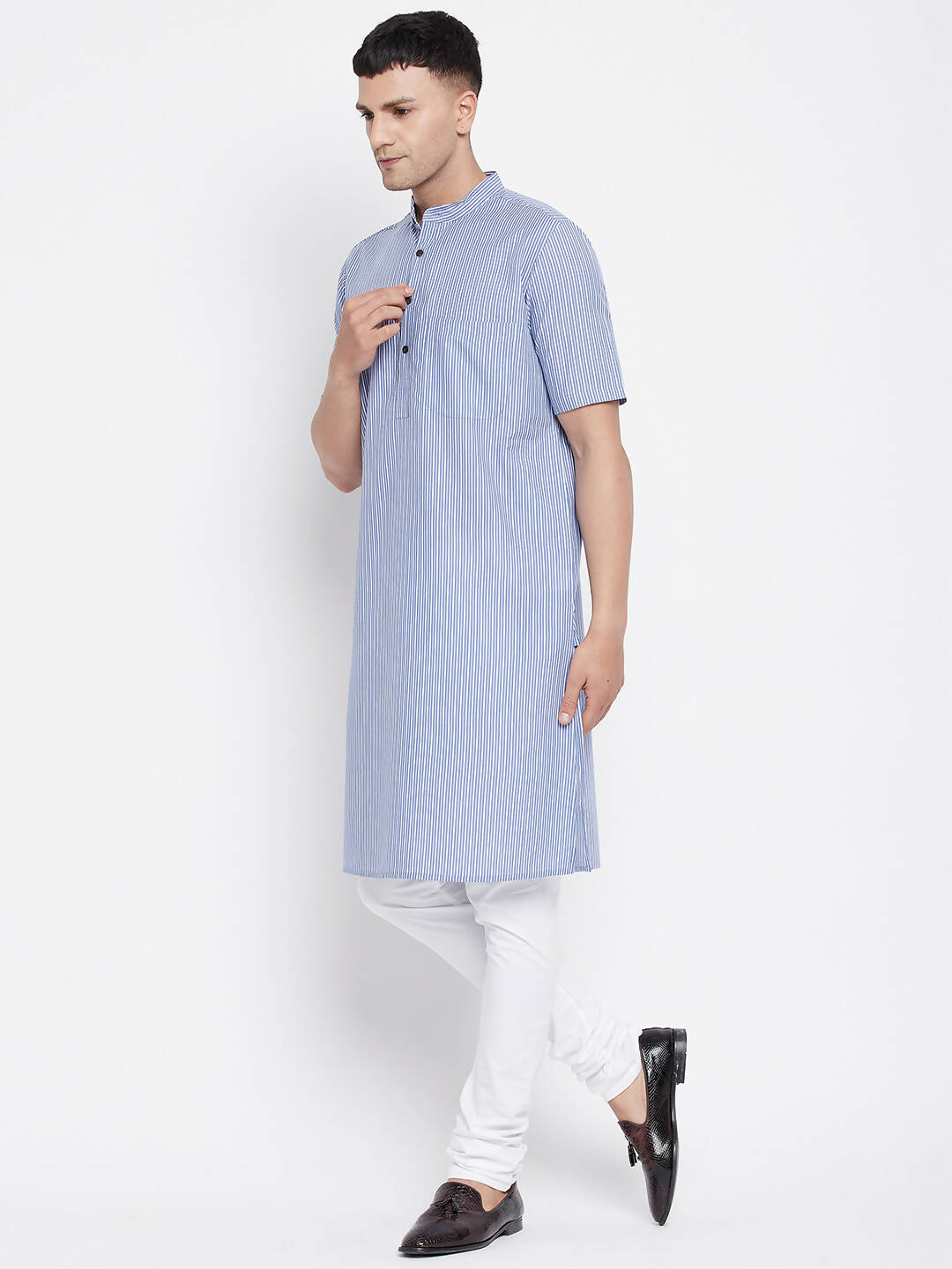 Even Apparels Blue Men's H/S Pure Cotton Kurta With Band Collar - Distacart