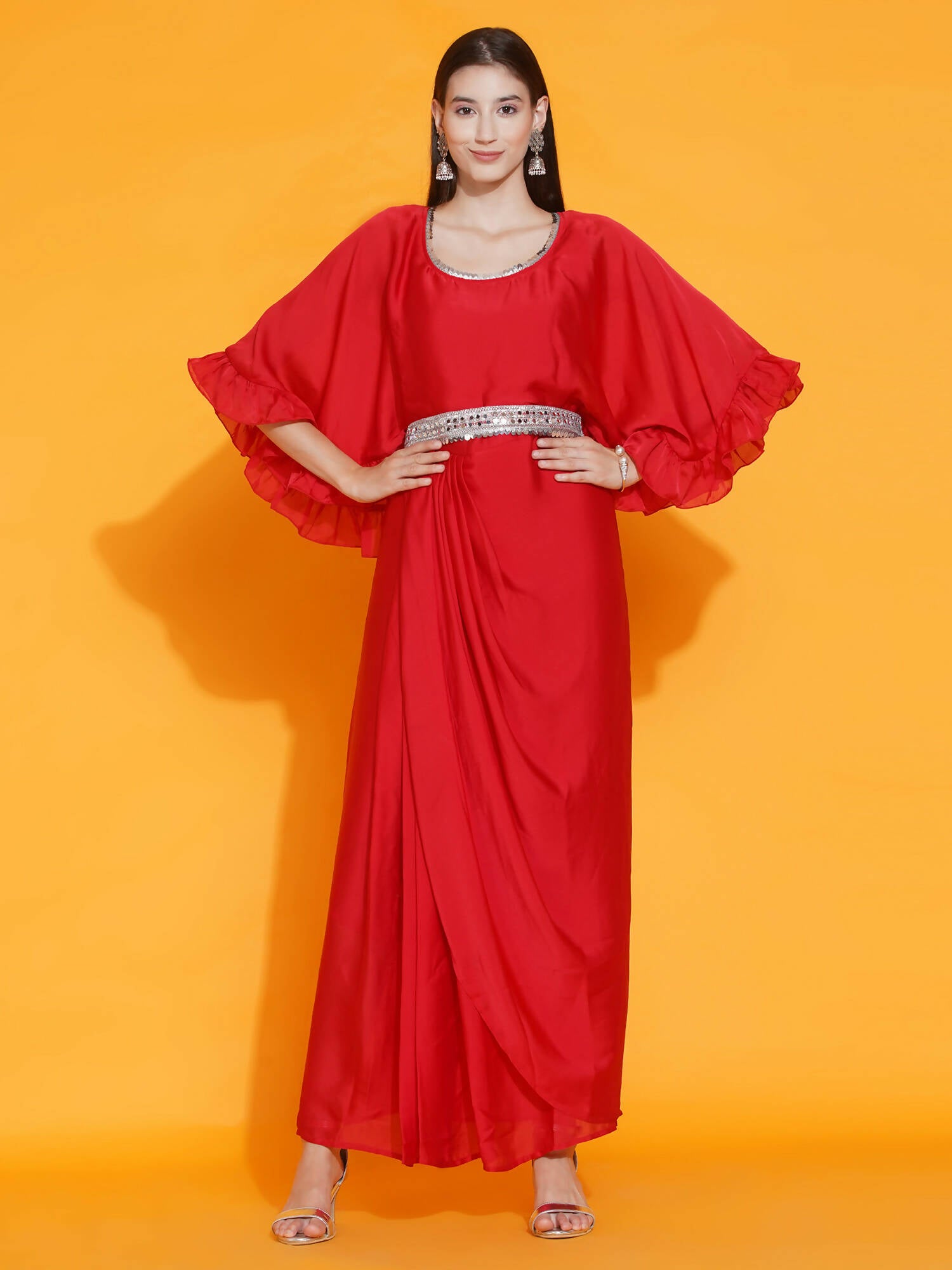 Women Republic Red Georgette Gown With Embellished Belt - Distacart