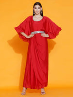 Thumbnail for Women Republic Red Georgette Gown With Embellished Belt - Distacart