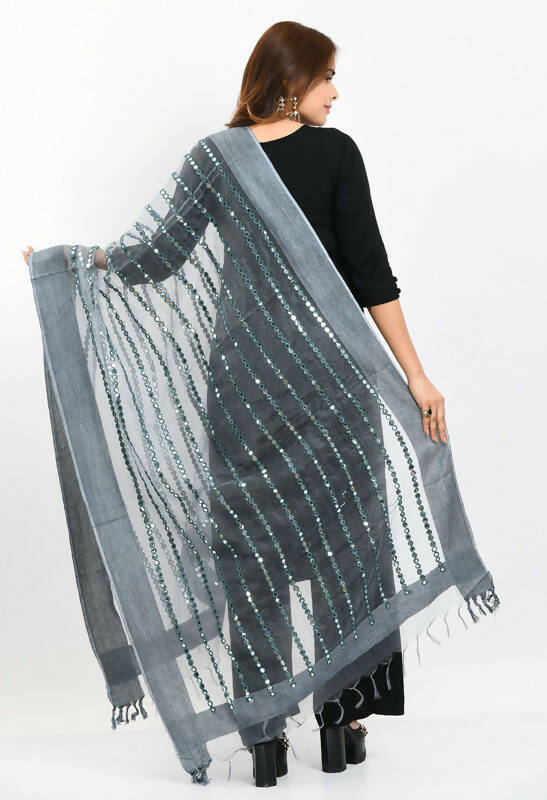 Mominos Fashion Moeza Women's Orgenza Mirror Stripe Thread Work Grey Dupatta - Distacart