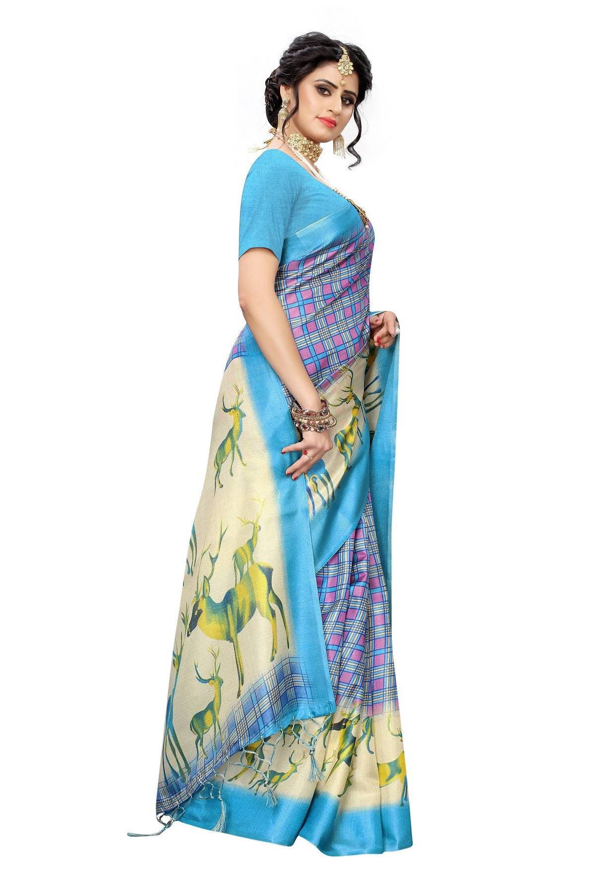 Vamika Multicolor & Sky Blue Kalamkari With Jhalar Khadi Silk Saree