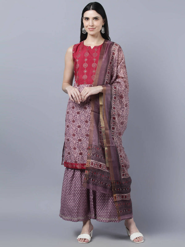 Myshka Women Multicoloured Embroidered Panelled Kurti with Palazzos With Dupatta - Distacart