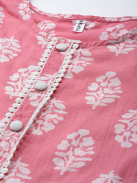 Thumbnail for Yufta Pink and White Block Print A-line kurta with Palazzo & Dupatta Set