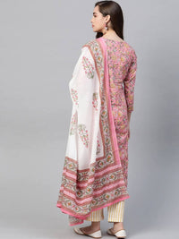 Thumbnail for Yufta Women Pink & Yellow Handblock Printed Pure Cotton Kurta with Trouser & Dupatta