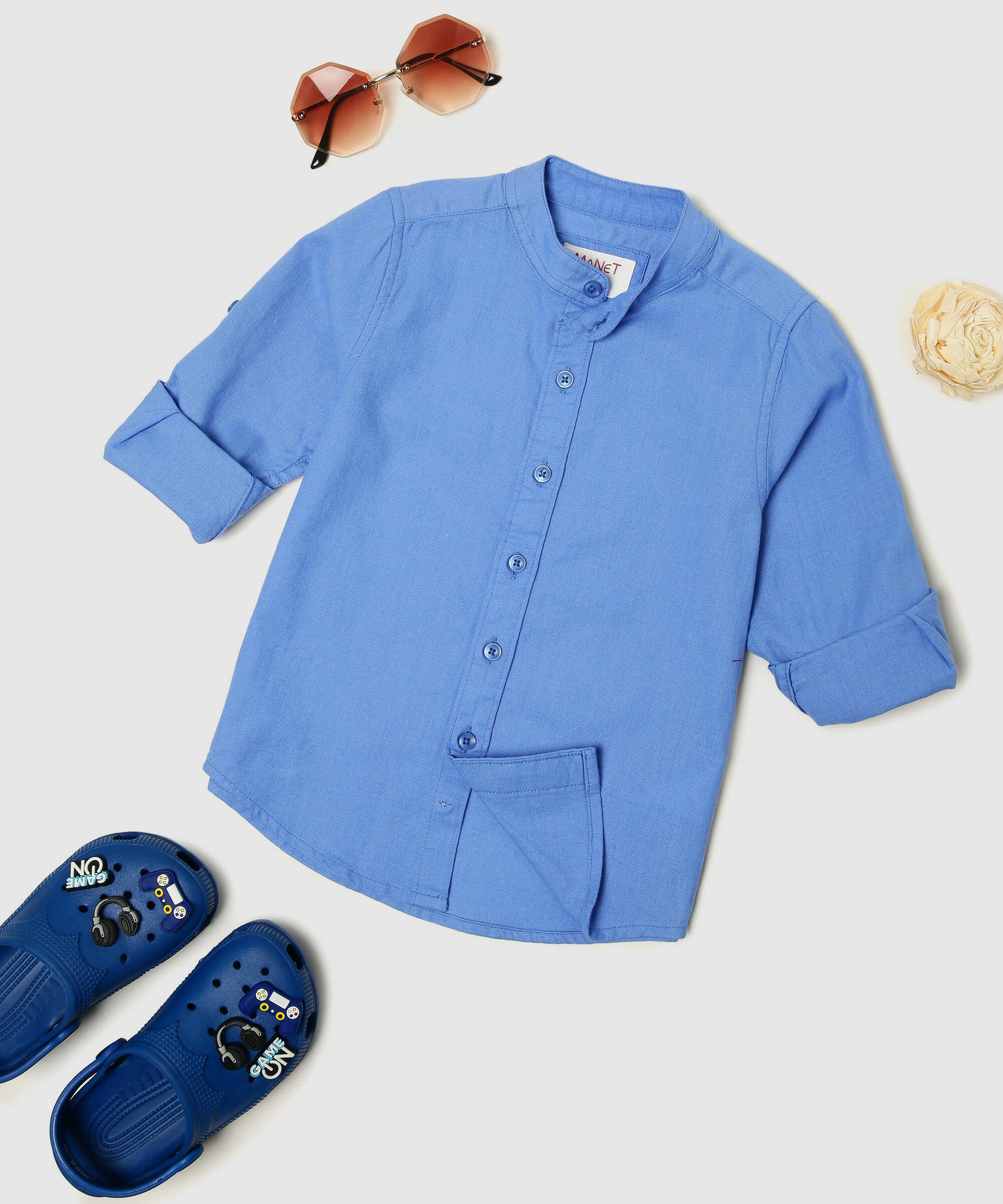 Manet Boys Mandarin Collar Full Sleeves Melange Shirt - Light Blue - Distacart