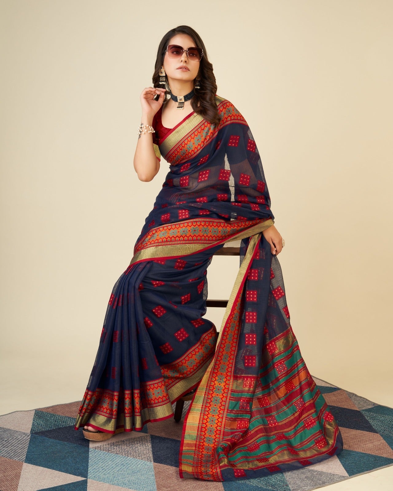 NOZ2TOZ Women's Semi Cotton Blue Casual Wear Kota Doriya Saree with Un-Stitched Blouse - Distacart