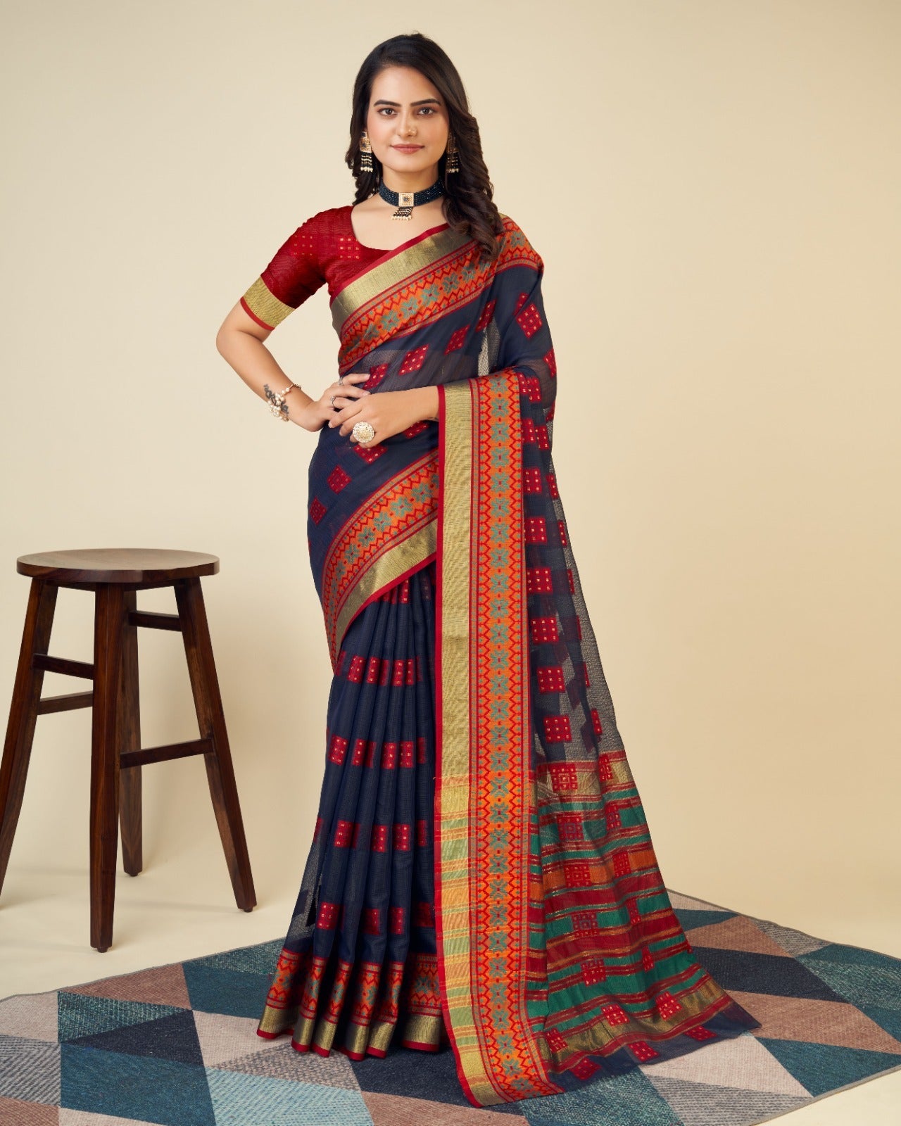 NOZ2TOZ Women's Semi Cotton Blue Casual Wear Kota Doriya Saree with Un-Stitched Blouse - Distacart