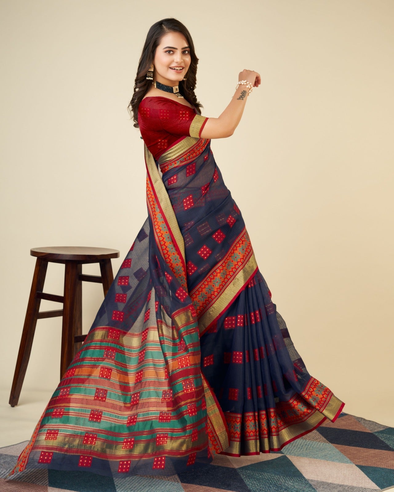 NOZ2TOZ Women's Semi Cotton Blue Casual Wear Kota Doriya Saree with Un-Stitched Blouse - Distacart