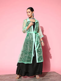 Thumbnail for InWeave Women's Black Strappy Kurta Set With Teal Organza Cape - Distacart
