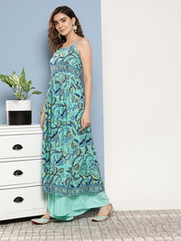 Thumbnail for InWeave Women's Camelia Blue Pastel Print Strappy Kurta Set - Distacart