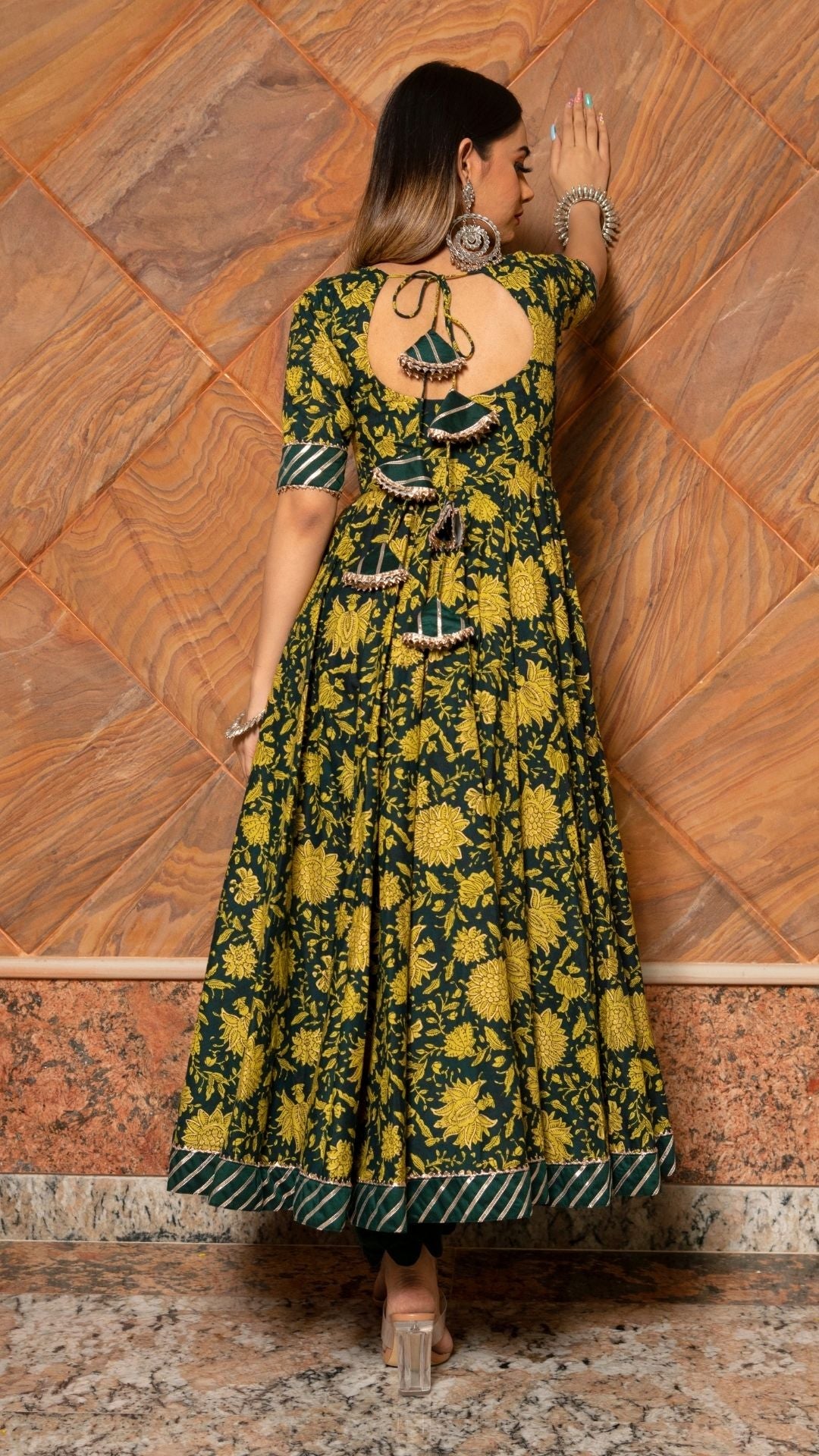 Pomcha Jaipur Idika Green Hand Block Anarkali Set - Distacart