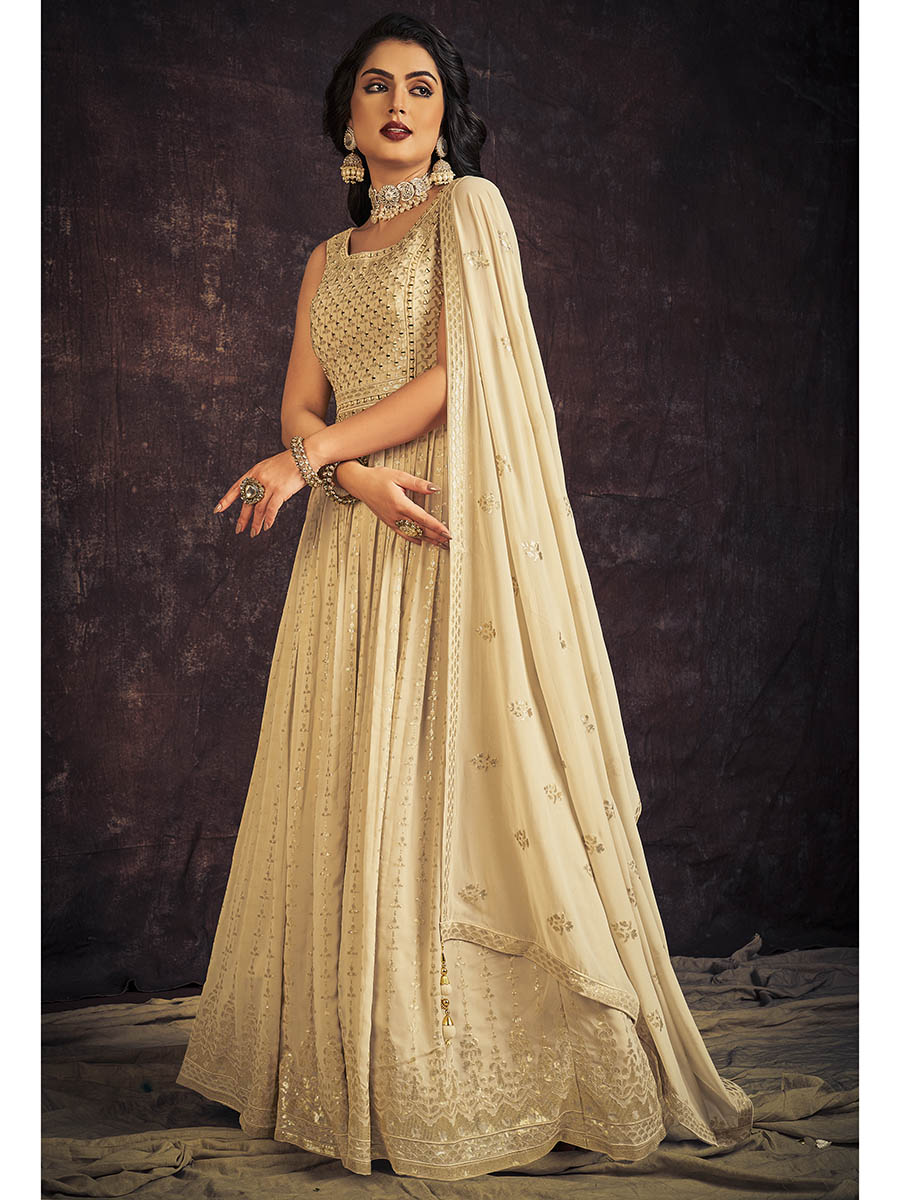 Myra Cream Real Georgette Designer Gown Style Suit - Distacart
