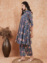 Thumbnail for InWeave Women's Blue Green Pink Floral Print Flared Kurta Pant Set - Distacart