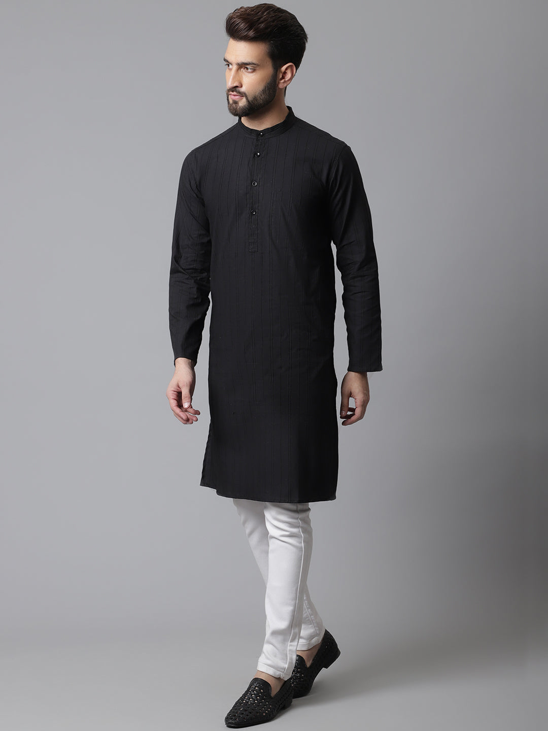 Even Apparels Black Striped Kurta With Band Collar - Distacart