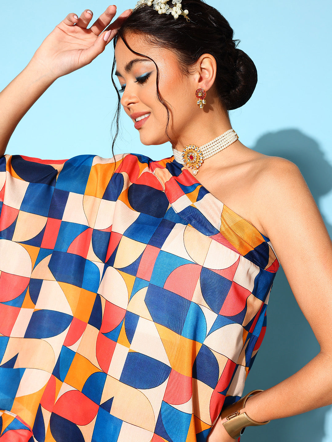 InWeave Women's Multi Geometric Print One Shoulder Top With Palazzo Set - Distacart