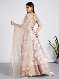 Thumbnail for House of Panchhi Cream Colour Organza Floral Design Digital Print Lehenga Choli & Dupatta - Distacart