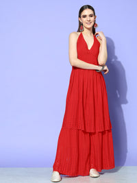 Thumbnail for InWeave Women's Red Lace Work Backless Kurta Sharara Set - Distacart
