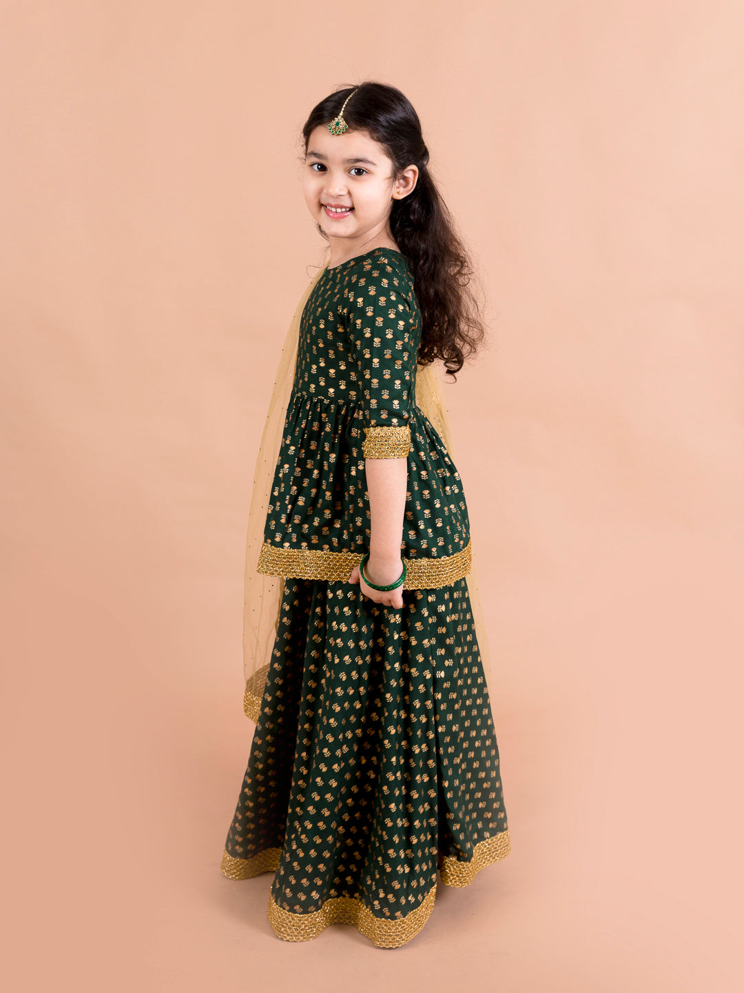 Girls Green Gold-Toned Printed Ready To Wear Lehenga Blouse With Dupatta - Mini Marvels - Distacart