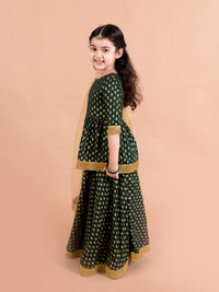 Thumbnail for Girls Green Gold-Toned Printed Ready To Wear Lehenga Blouse With Dupatta - Mini Marvels - Distacart