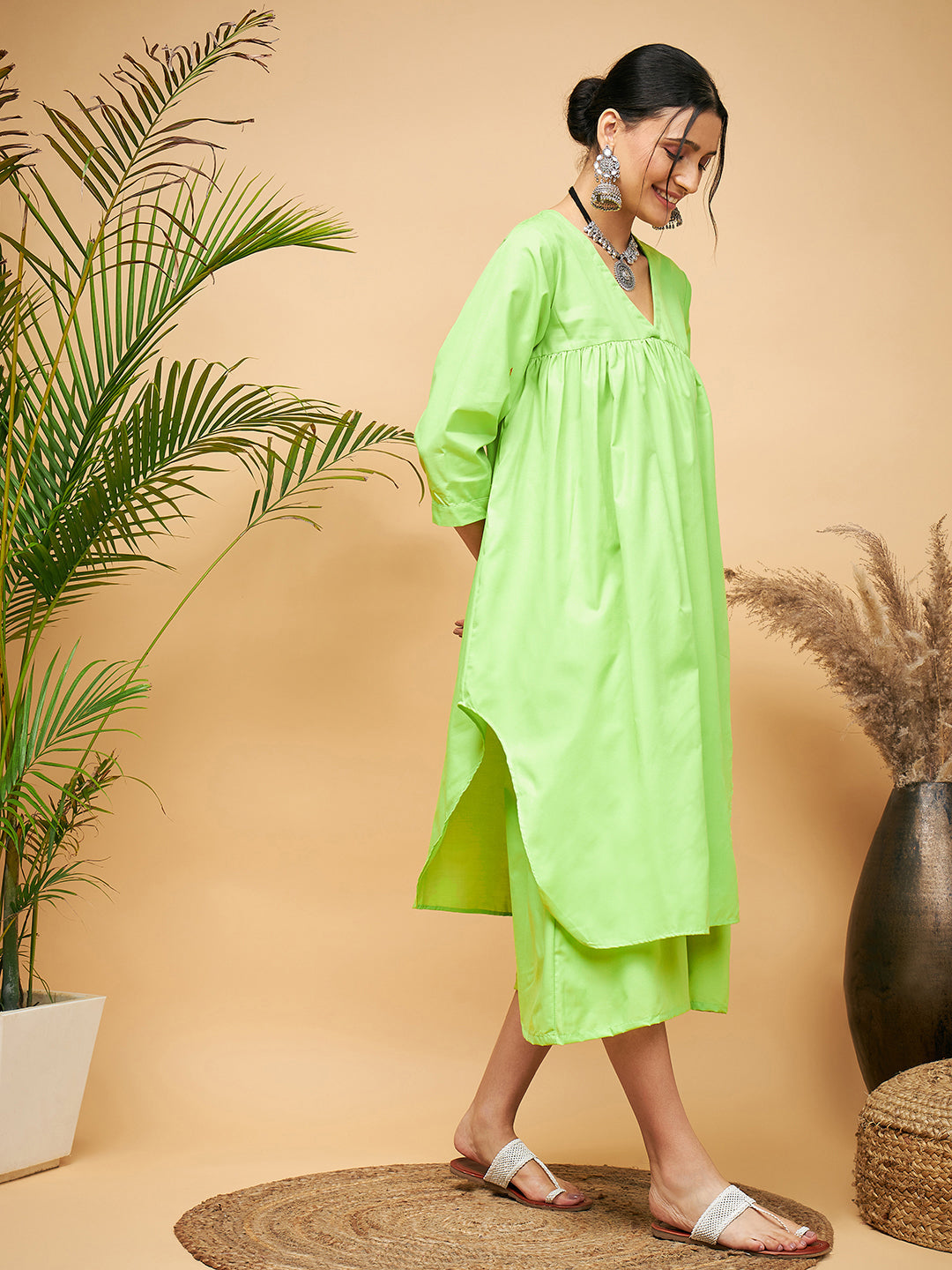InWeave Women's Lime Green Flared Kurta Palazzo Set - Distacart