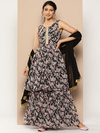 Thumbnail for KSUT (House of Varanga) Black Printed Anarkali Kurta Paired With Sharara And Plain Tonal Dupatta - Distacart