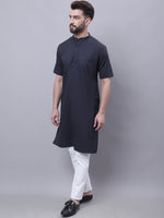 Thumbnail for Even Apparels Black Pure Cotton Short Sleeves Kurta With Band Collar - Distacart