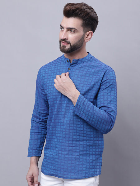 Even Apparels Blue Pure Cotton Short Kurta With Band Collar - Distacart