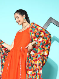 Thumbnail for InWeave Women's Orange Red Gota Strappy Set With Multi Foil Muslin Dupatta - Distacart