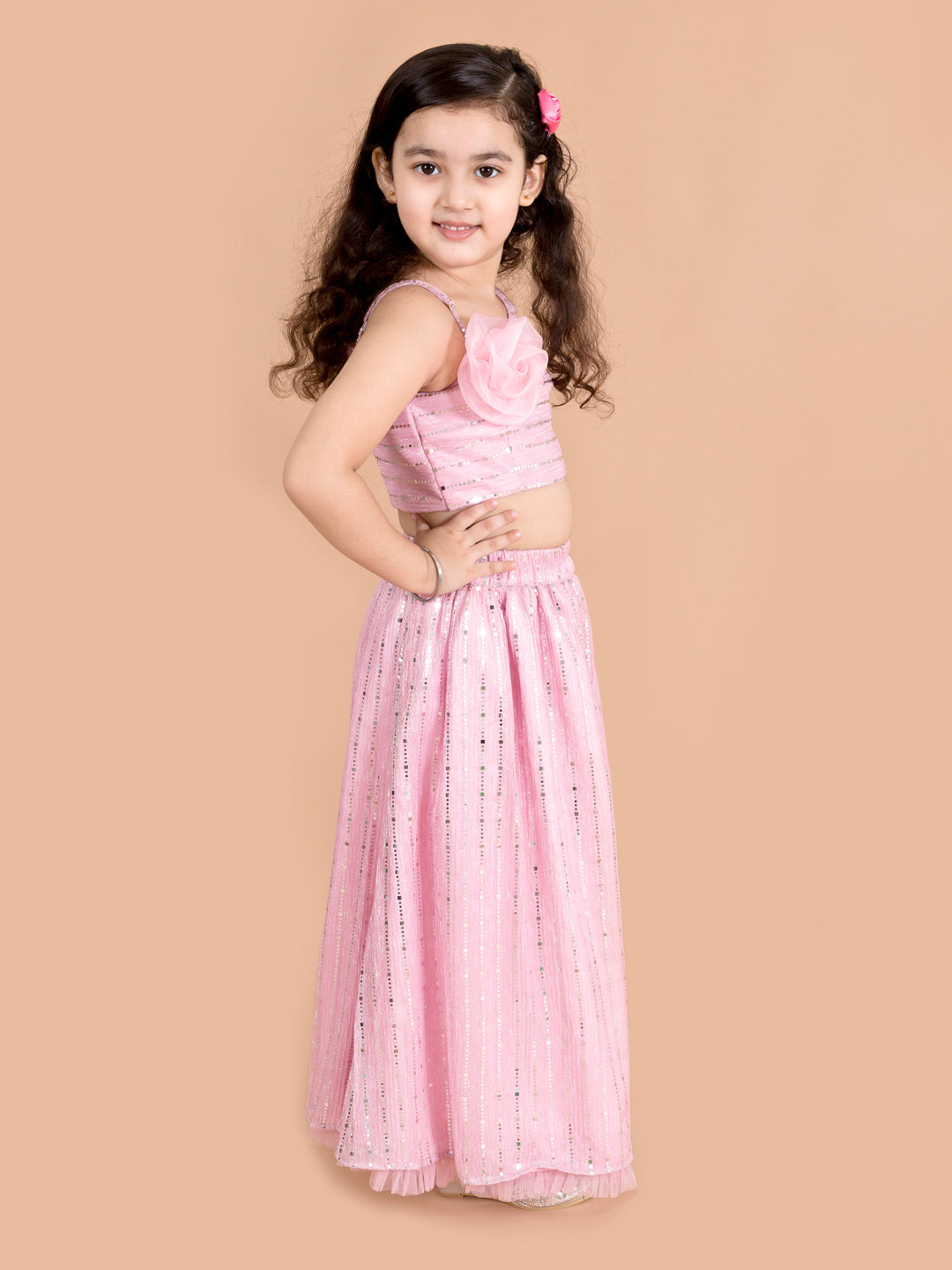 Girls Pink Silver-Toned Embellished Ready To Wear Lehenga - Mini Marvels - Distacart