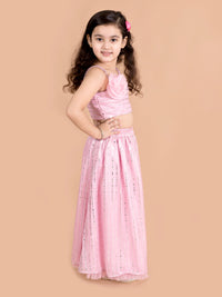 Thumbnail for Girls Pink Silver-Toned Embellished Ready To Wear Lehenga - Mini Marvels - Distacart