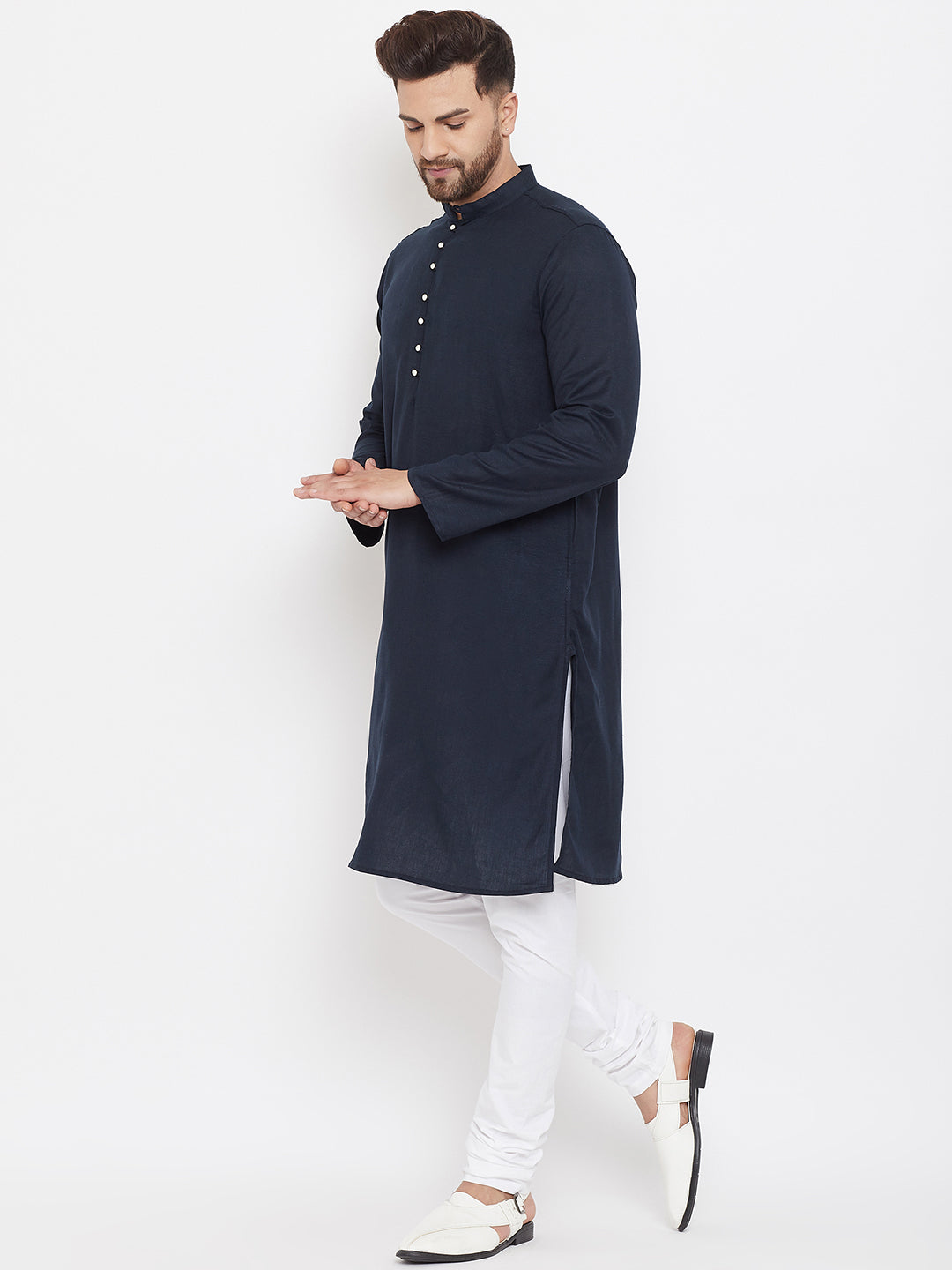 Even Apparels Blue Pure Cotton Kurta With Band Collar - Distacart