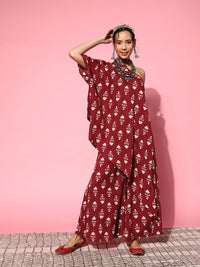 Thumbnail for InWeave Women's Maroon Boota One Shoulder Top With Palazzo Set - Distacart