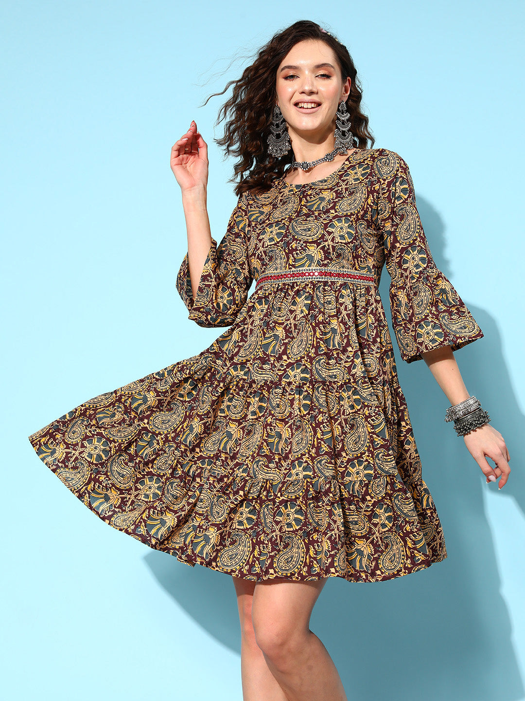 InWeave Women's Brown Kalamkari Print Short Dress - Distacart