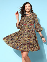 Thumbnail for InWeave Women's Brown Kalamkari Print Short Dress - Distacart