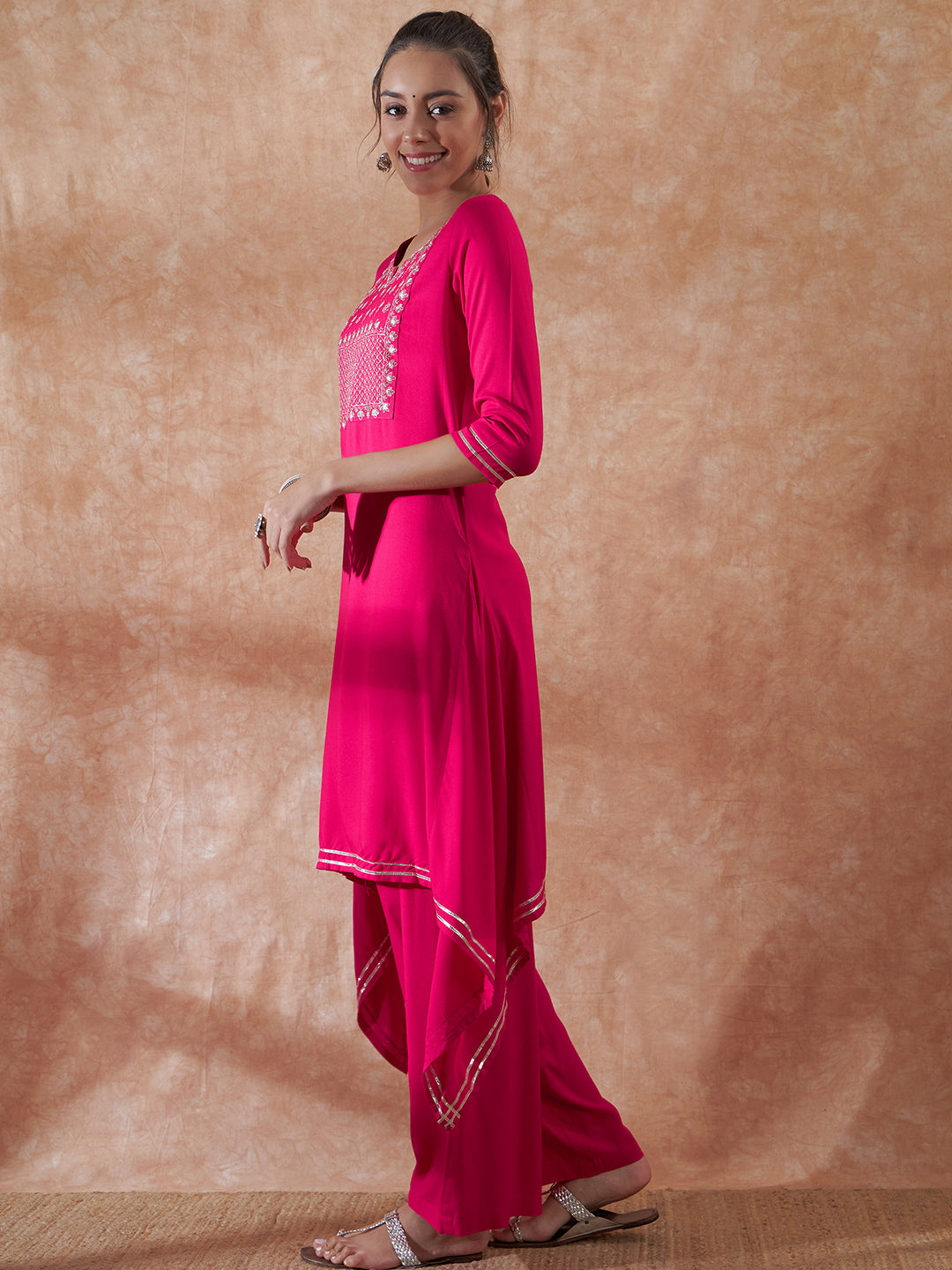 InWeave Women's Magenta Emb Assymetrical Kurta Pant Set - Distacart