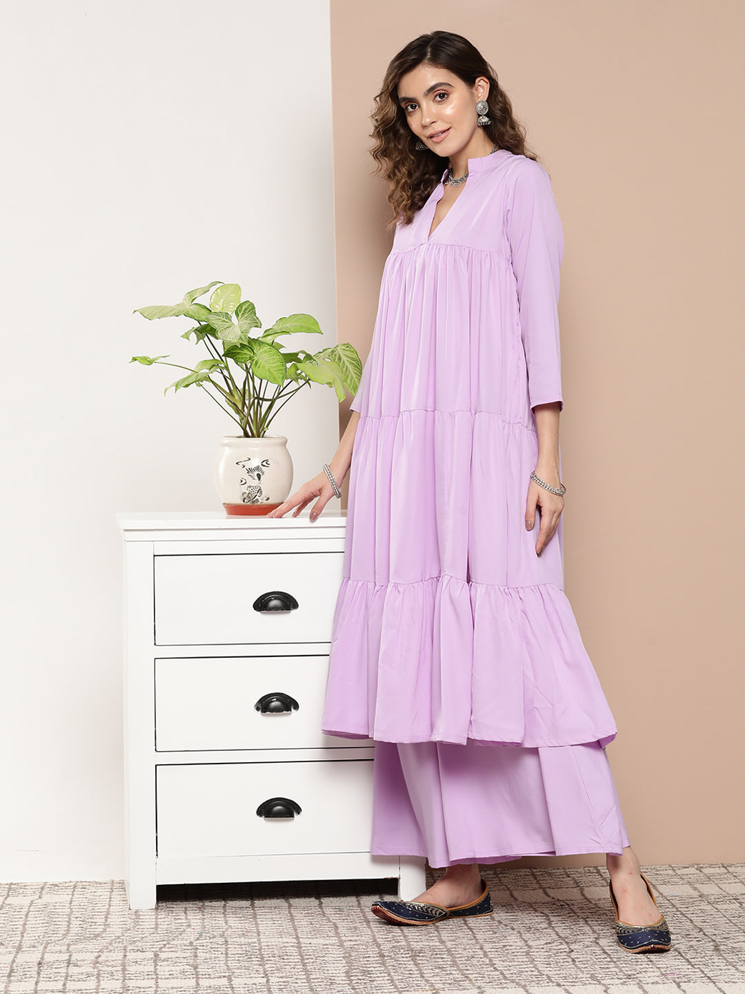 InWeave Women's Mauve Tiered Anarkali Kurta Set - Distacart